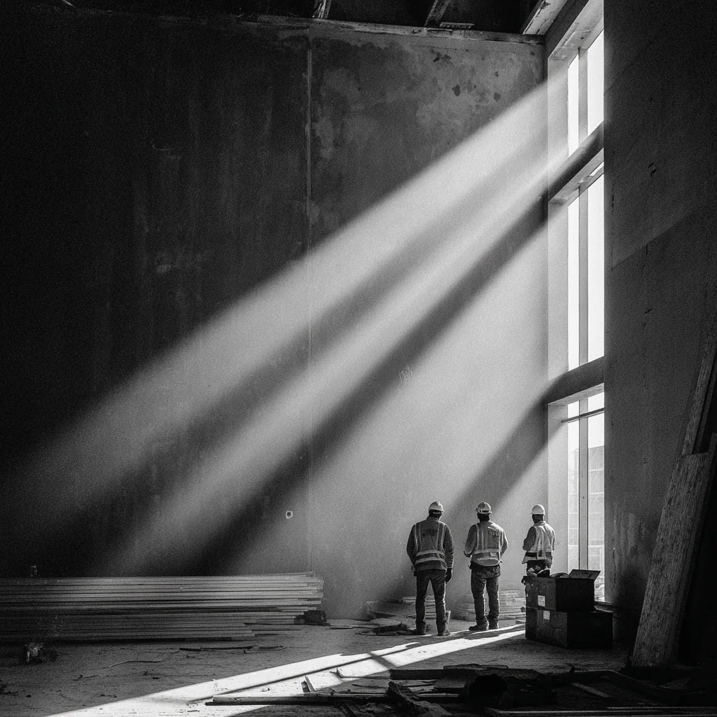 Illustration of three construction workers in a sunlit building
