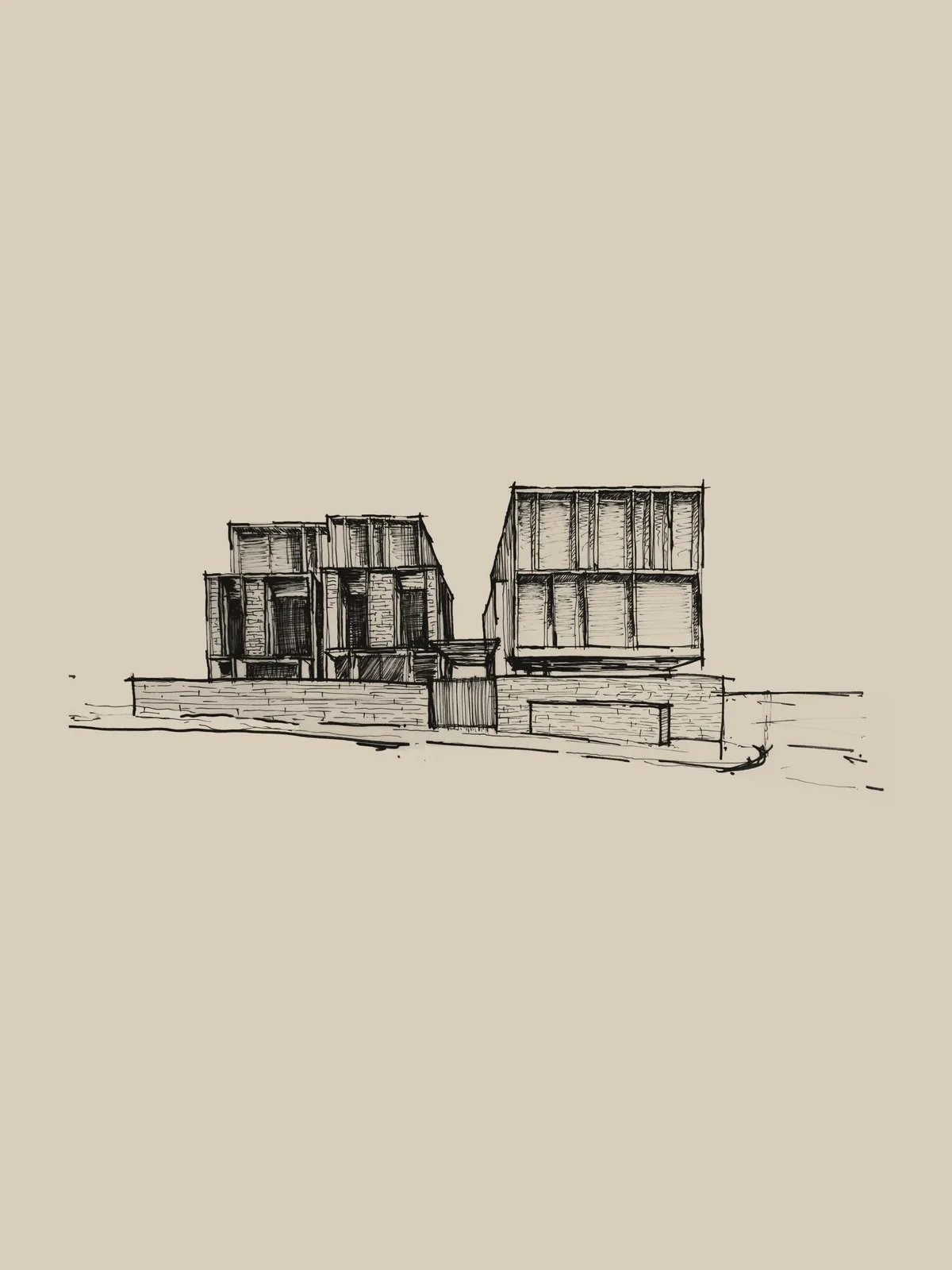 Architectural ink sketch of a contemporary townhouse development